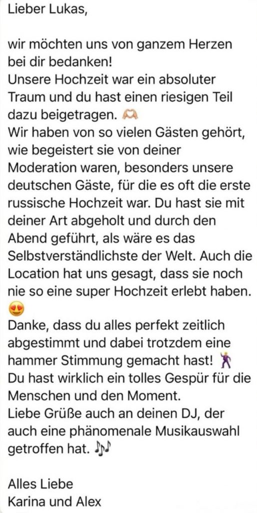 Bewertung der Arbeit von Hochzeitsmoderator Lukas