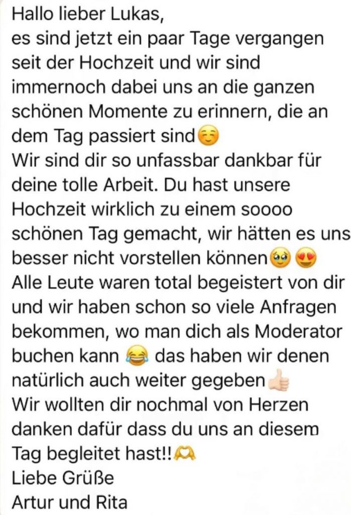 Feedback vom Hochzeitspaar zur Arbeit von Lukas
