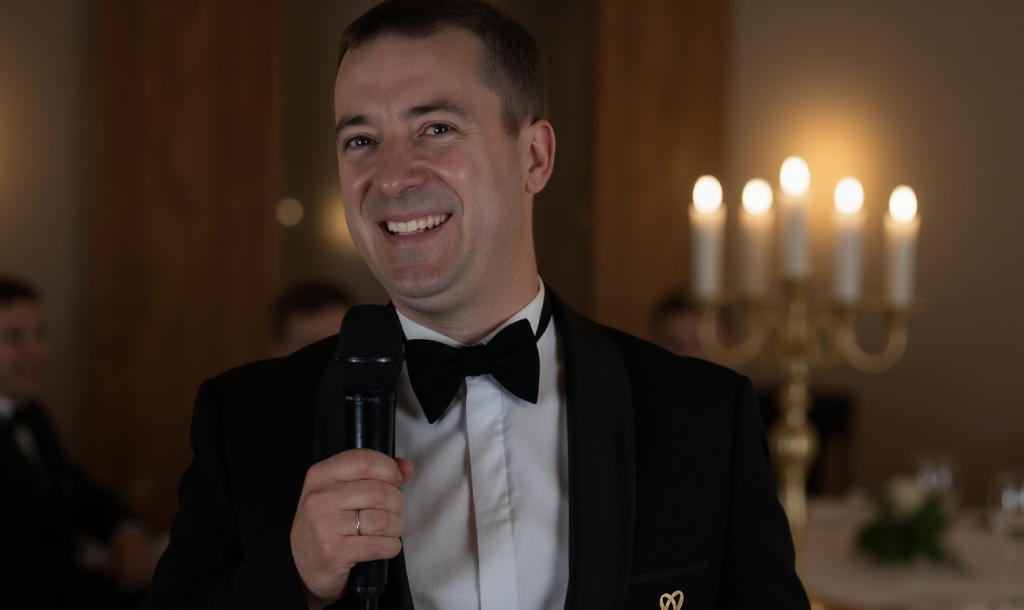 Elias lächelt mit einem Mikrofon vor warm beleuchtetem Hintergrund