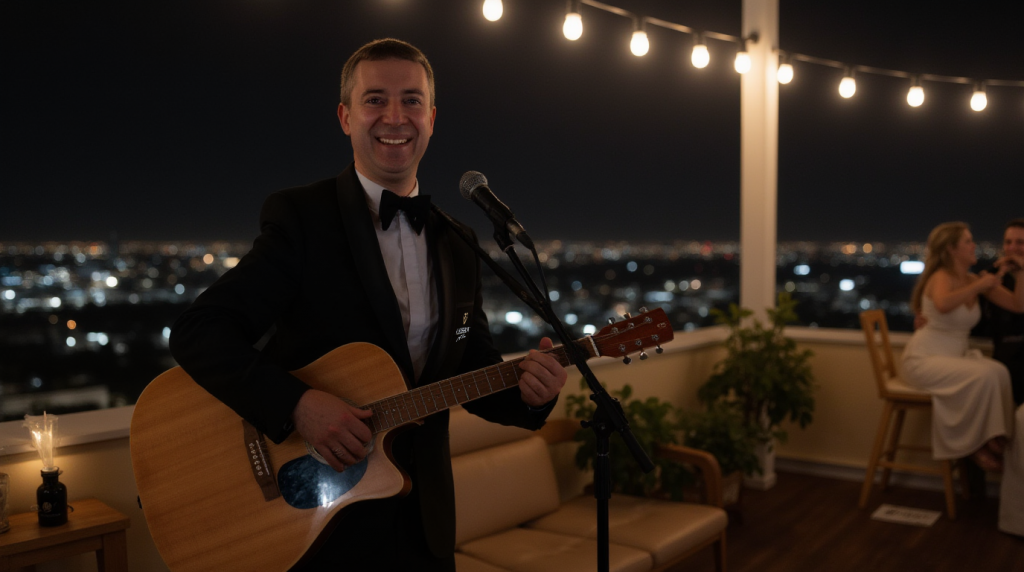 Elias mit Gitarre und Mikrofon unter einer Lichterkette