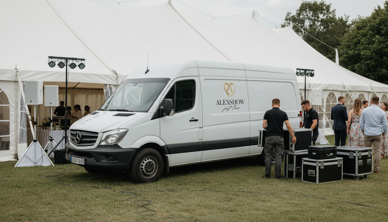 Fahrzeug von AlexShow beim Aufbau der Technik für eine Hochzeit mit Tamada und Hochzeitsmoderator