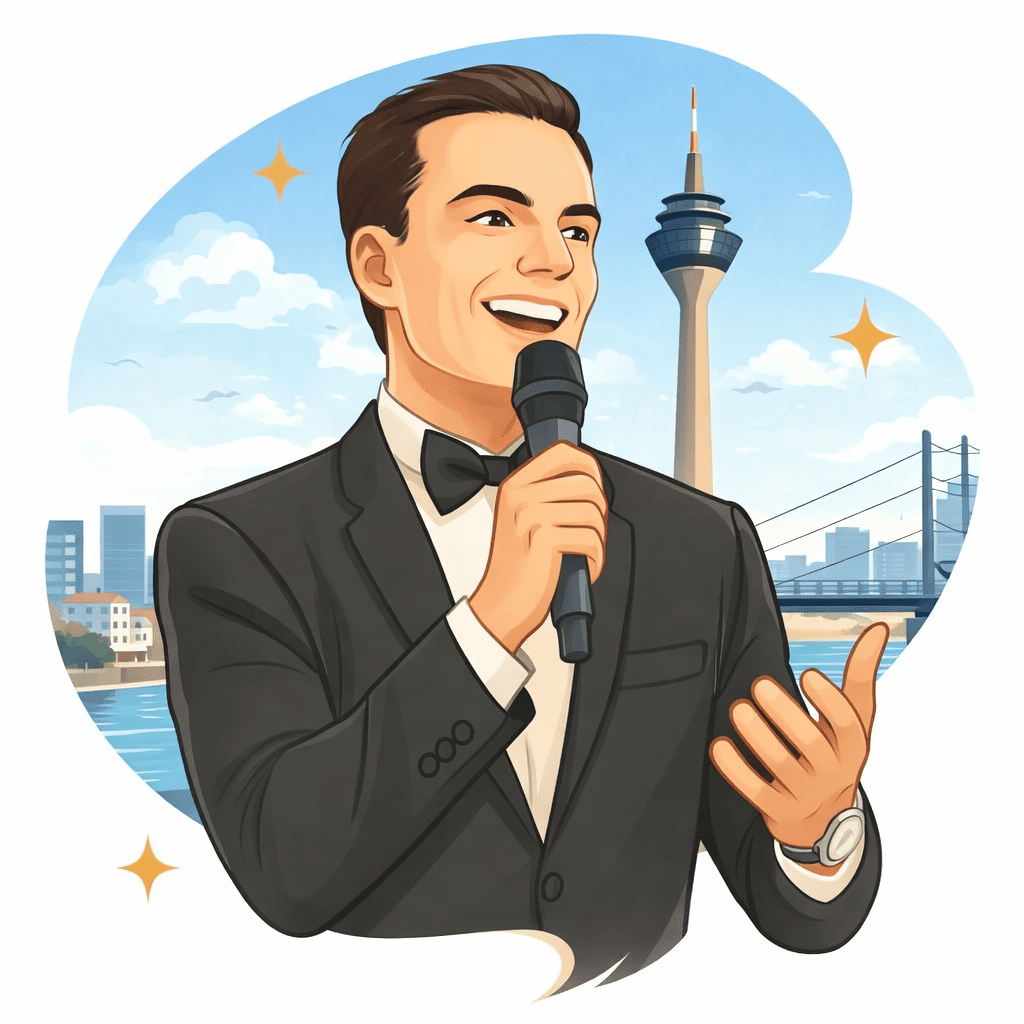 Tamada Düsseldorf mit Rheinturm – russischer Hochzeitsmoderator in Düsseldorf