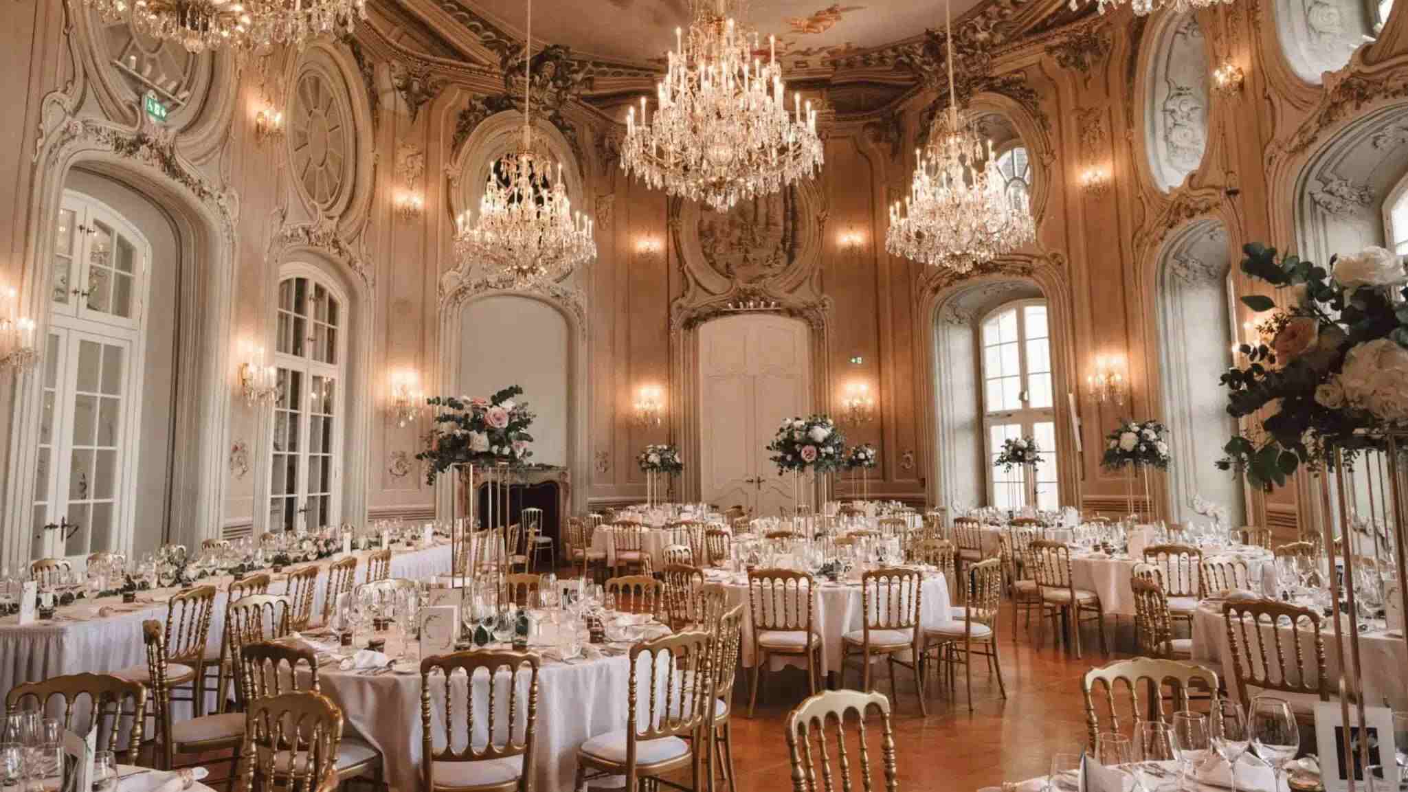 Stilvoller Hochzeitssaal mit Dekoration und gedeckten Tischen