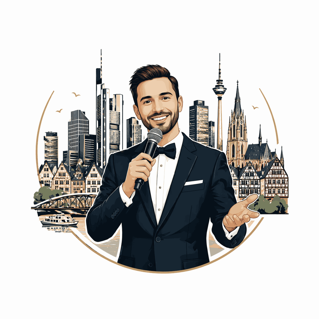 Tamada mit Mikrofon vor Skyline von Frankfurt als Icon