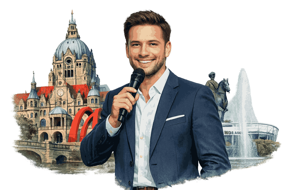 Tamada Hannover Hochzeitsmoderator mit Mikrofon vor Wahrzeichen von Hannover