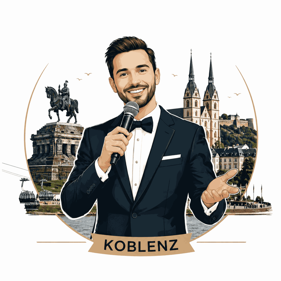 Tamada Koblenz moderner Hochzeitsmoderator mit Mikrofon vor Sehenswürdigkeiten von Koblenz stilvolle Hochzeitsmoderation Deutschland