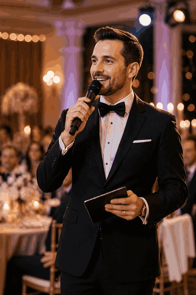 Tamada Hochzeitsmoderator führt stilvoll durch Hochzeit mit Mikrofon und Gästen im Hintergrund
