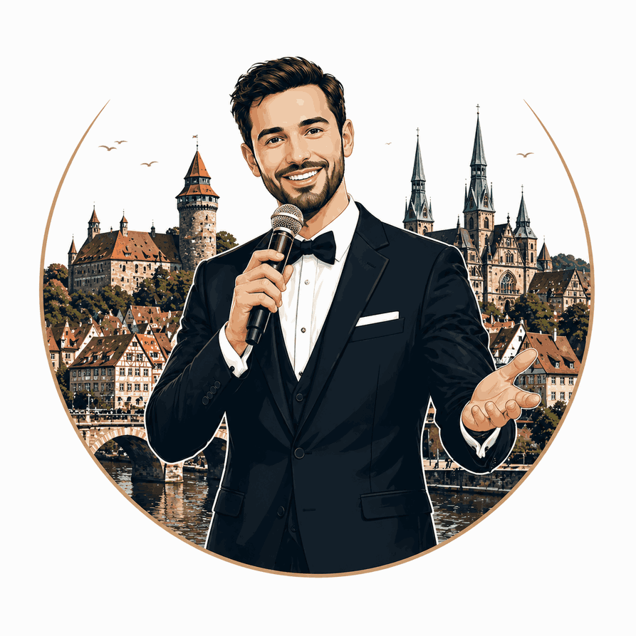 Illustration eines eleganten Moderators im Smoking mit Mikrofon vor einer historischen österreichischen Stadtkulisse – Repräsentation für exklusive Events.