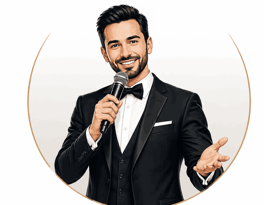 Moderner Hochzeitsmoderator im eleganten Anzug mit Mikrofon auf neutralem Hintergrund sorgt für stilvolle und professionelle Moderation bei einer Hochzeit