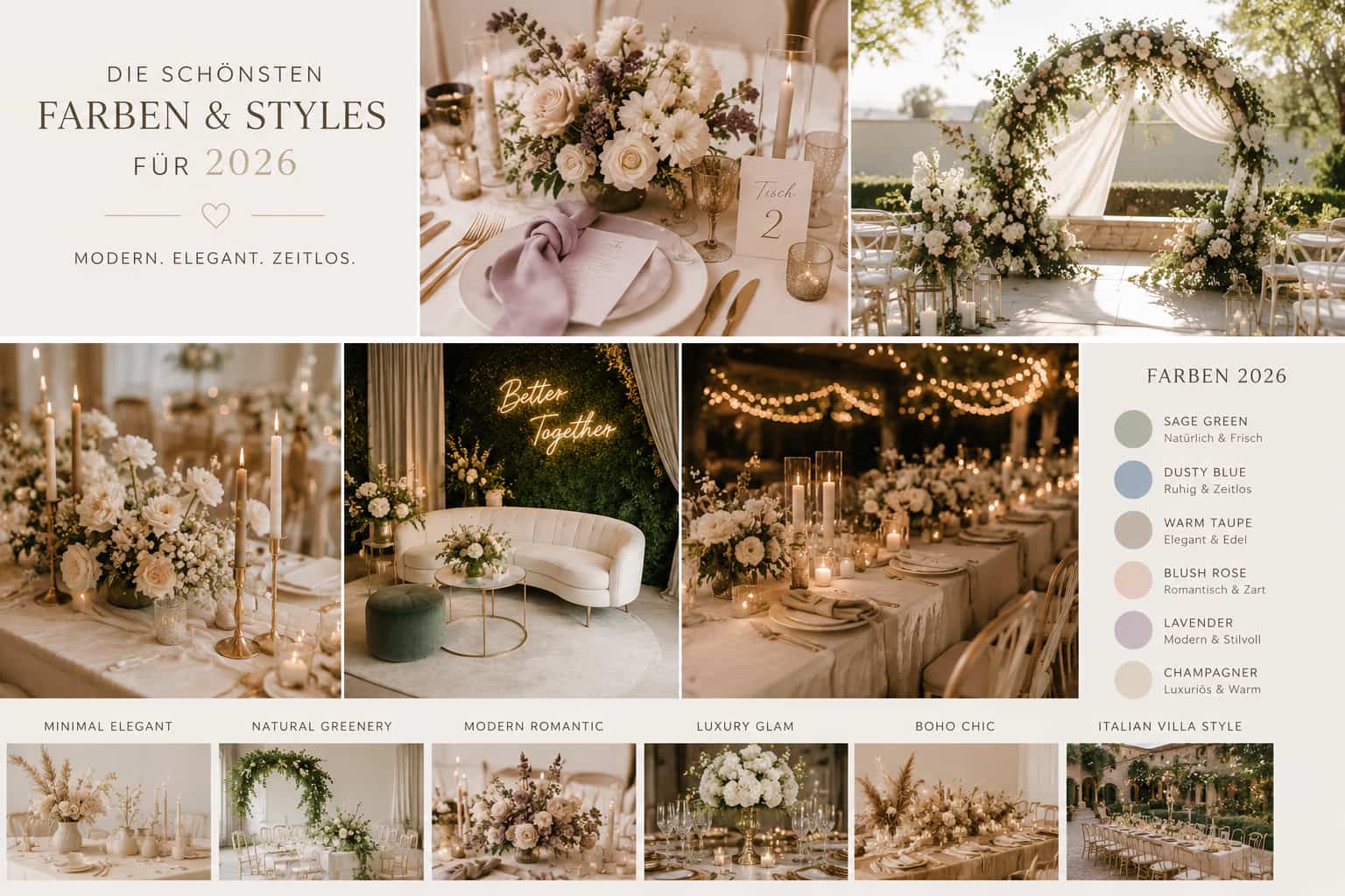 Moderne Hochzeitsfarben, luxuriöse Wedding-Styles