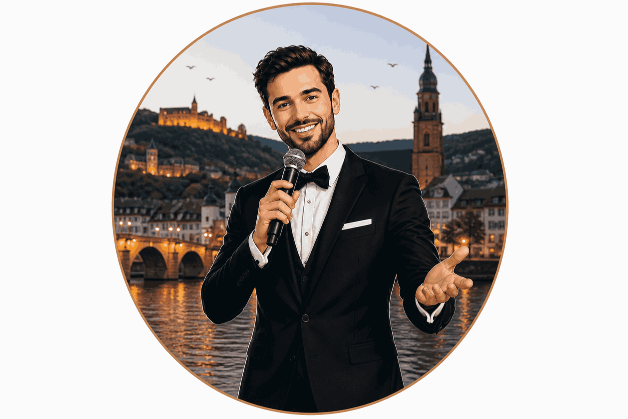 Hochzeitsmoderator (Tamada) in Heidelberg – stilvolle Illustration mit Moderator und Stadtmotiv