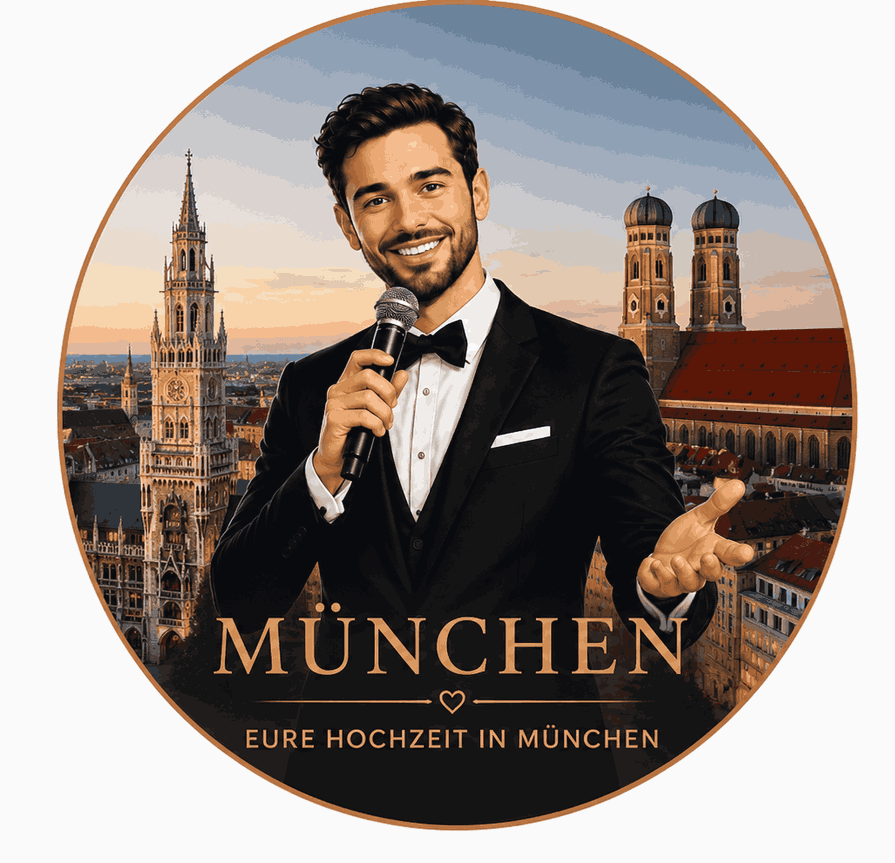 Eleganter Tamada in München mit Mikrofon vor der Münchner Skyline als Moderator für stilvolle Hochzeiten