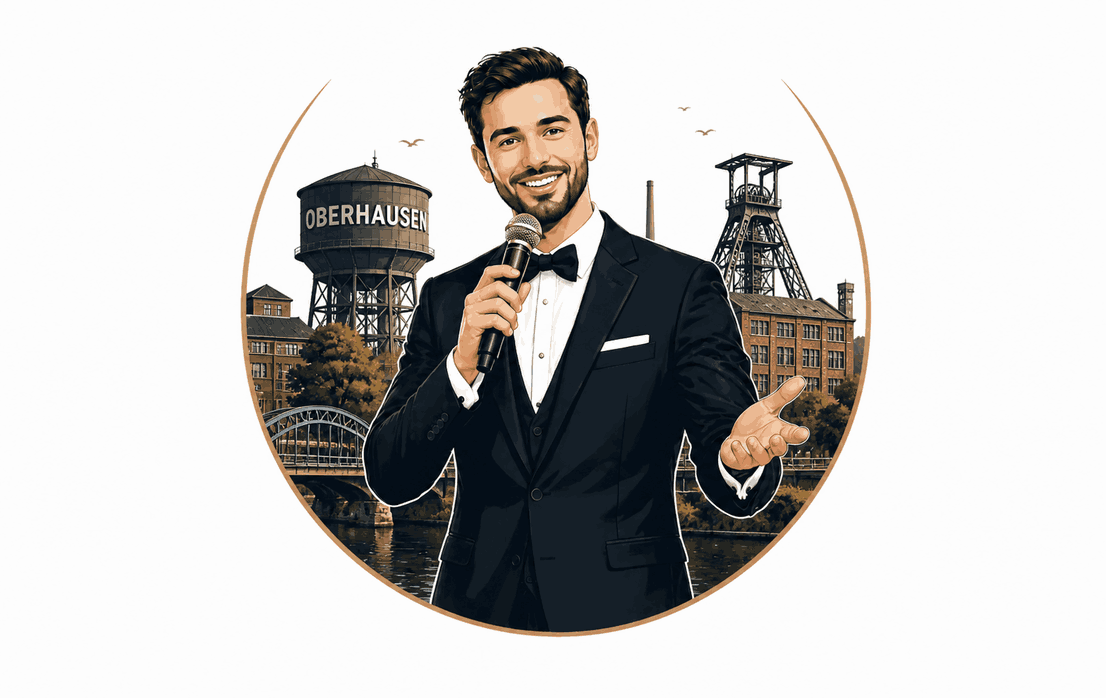 Hochzeitsmoderator (Tamada) in Oberhausen – stilvolle Illustration mit Moderator und Stadtmotiv