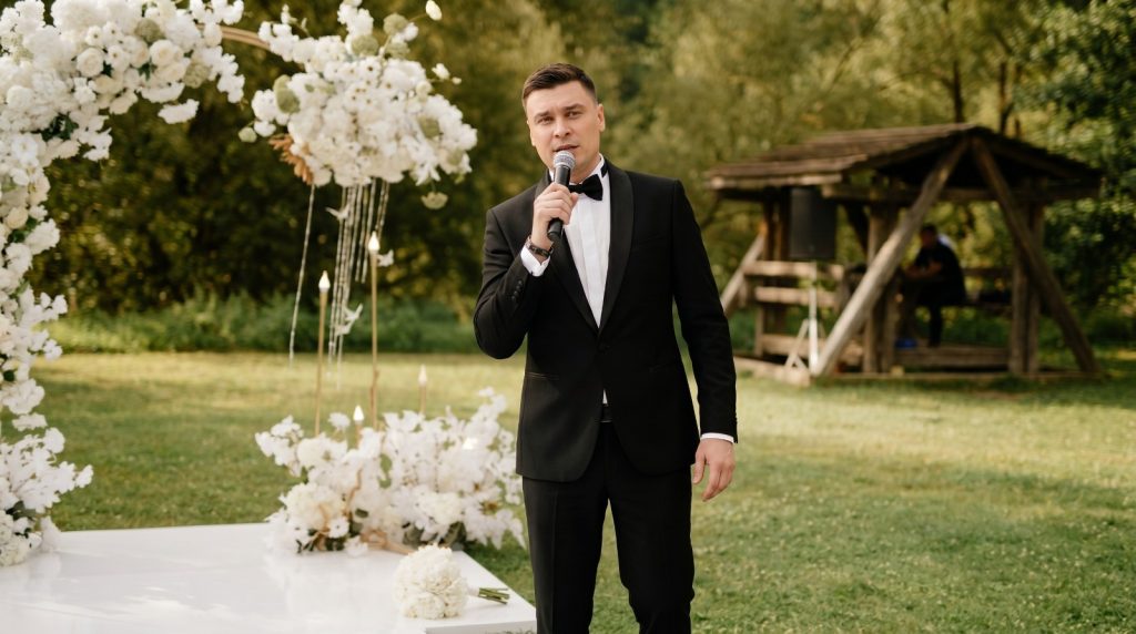 oman als stilvoller Hochzeitsmoderator bei einer freien Trauung im Grünen mit emotionaler Moderation