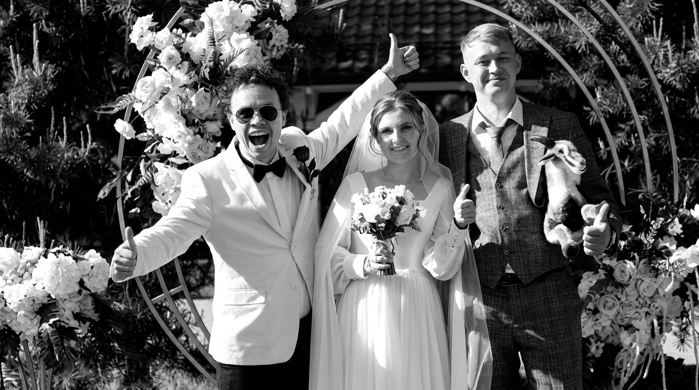 Borat mit dem Brautpaar bei einer modernen Hochzeit in Dortmund voller Emotionen, Freude und stilvoller Atmosphäre Borat mit dem Brautpaar bei einer modernen Hochzeit in Dortmund voller Emotionen, Freude und stilvoller Atmosphäre