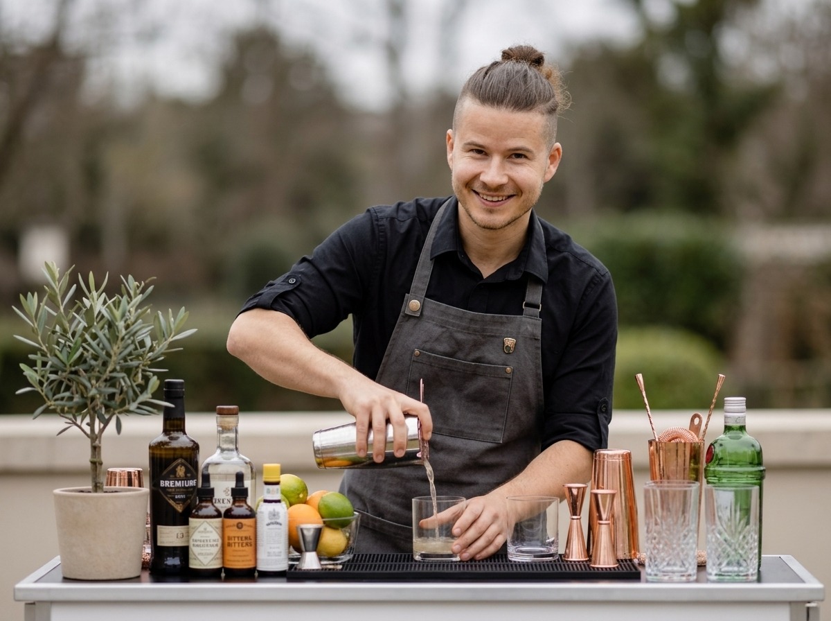Barkeeper mixt einen Cocktail an einer mobilen Cocktailbar für Hochzeit