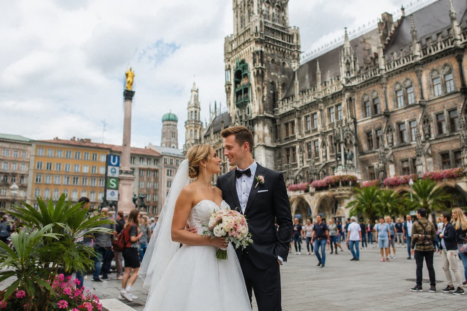 Brautpaar auf dem Marienplatz in München vor dem Rathaus