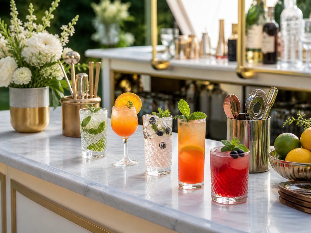 Mobile Cocktailbar mit farbenfrohen Getränken auf einer Hochzeit