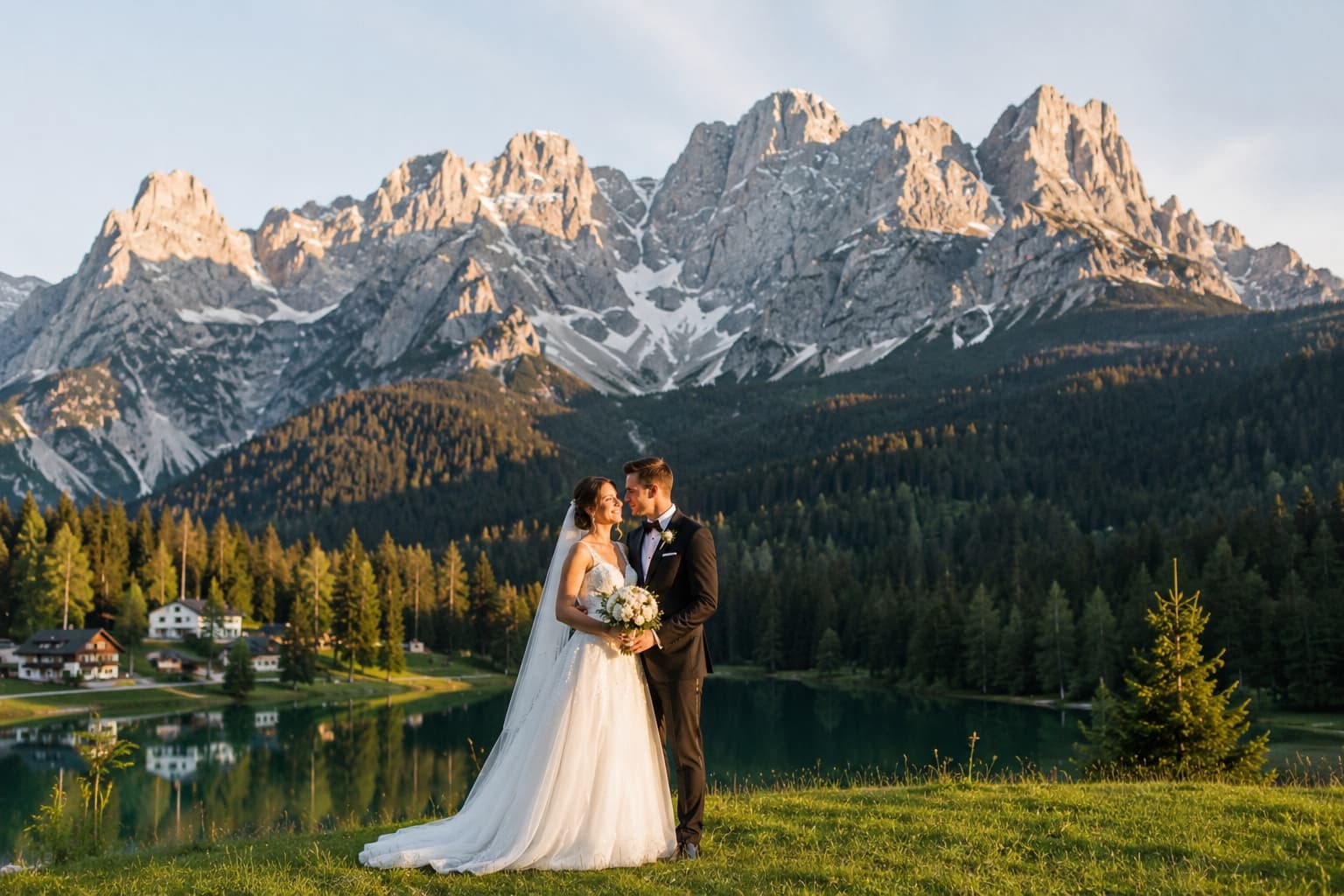 Brautpaar vor den Alpen in Bayern bei einer modernen Hochzeit in den Bergen