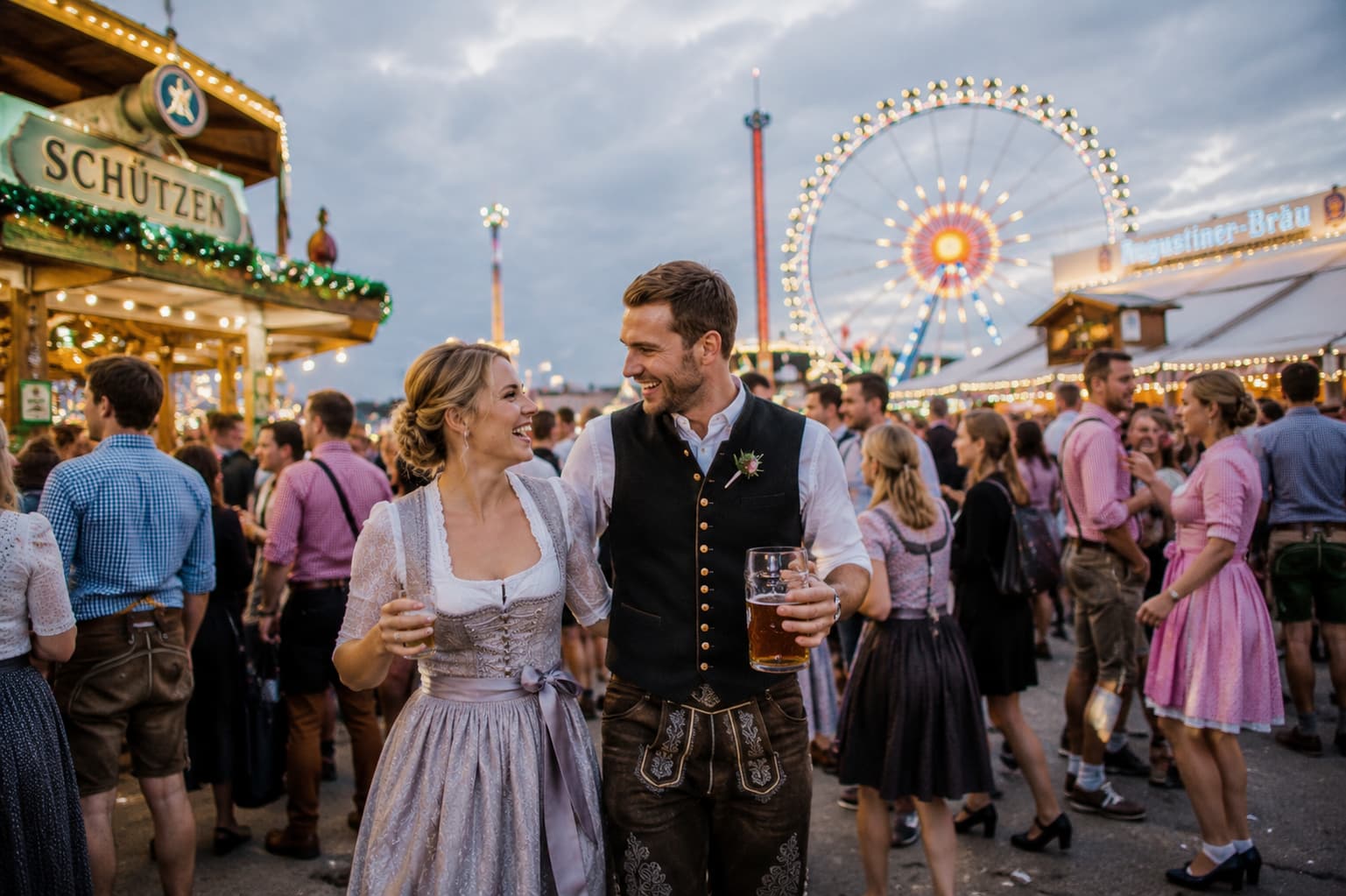 Brautpaar auf dem Oktoberfest in München bei einer modernen Hochzeit in Bayern