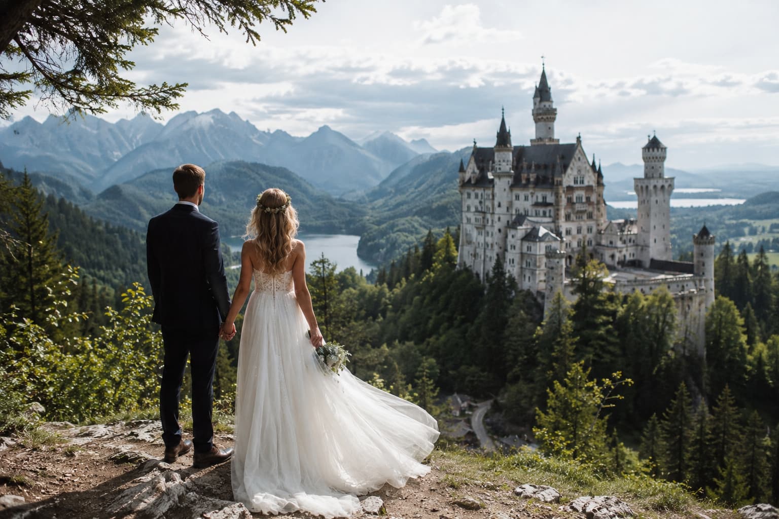 Brautpaar vor Schloss Neuschwanstein in Bayern mit Blick auf die Alpen
