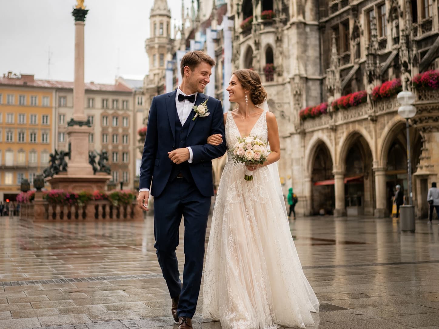 Brautpaar bei einer russisch-deutschen Hochzeit in München vor historischer Architektur in der Altstadt.