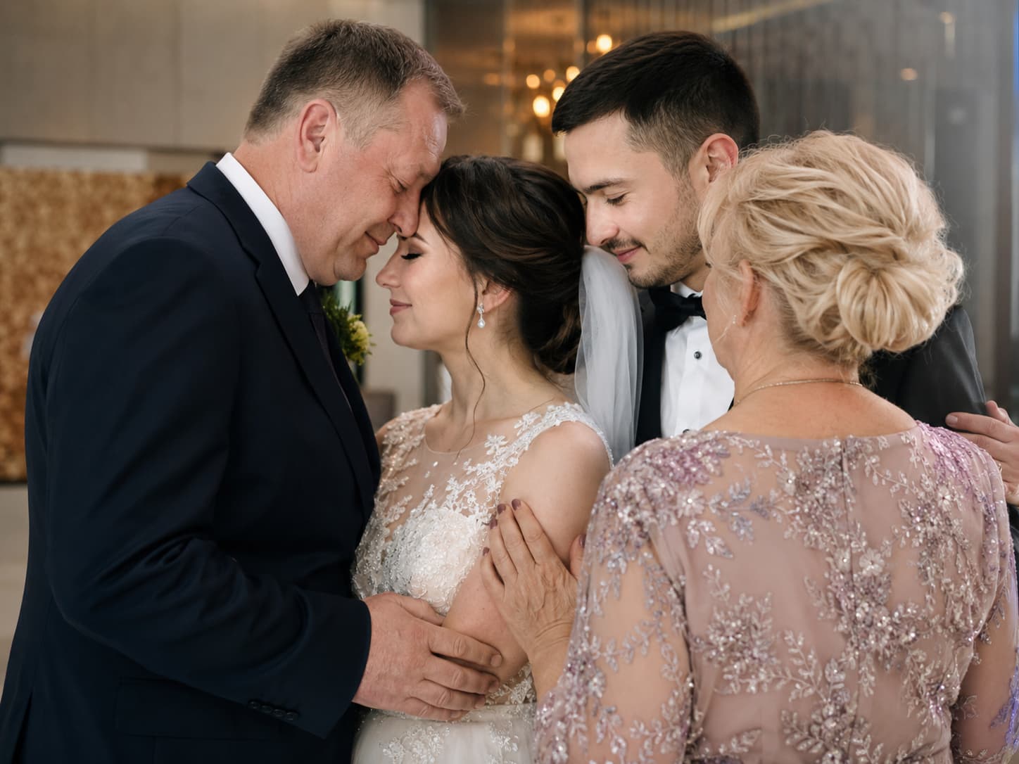 Emotionaler Familienmoment mit Brautpaar und Eltern bei einer russisch-deutschen Hochzeit in München.