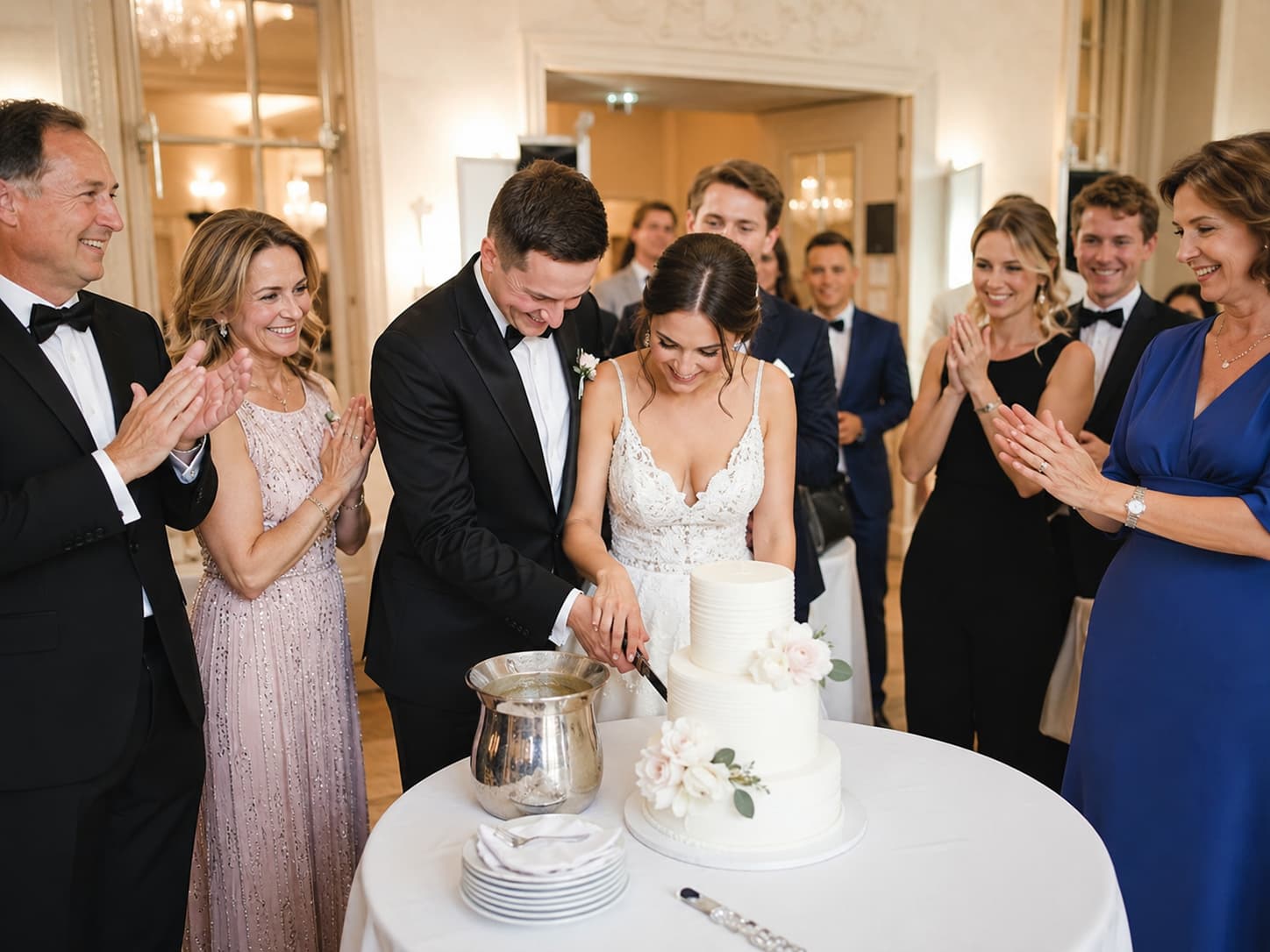 Brautpaar schneidet die Hochzeitstorte bei einer russisch-deutschen Hochzeit in München an.