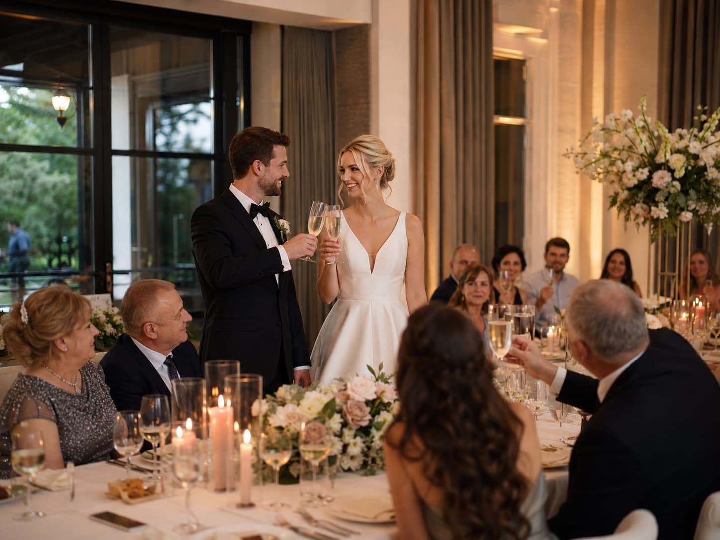 Brautpaar stößt mit Gästen bei einer russisch-deutschen Hochzeit in München festlich an.
