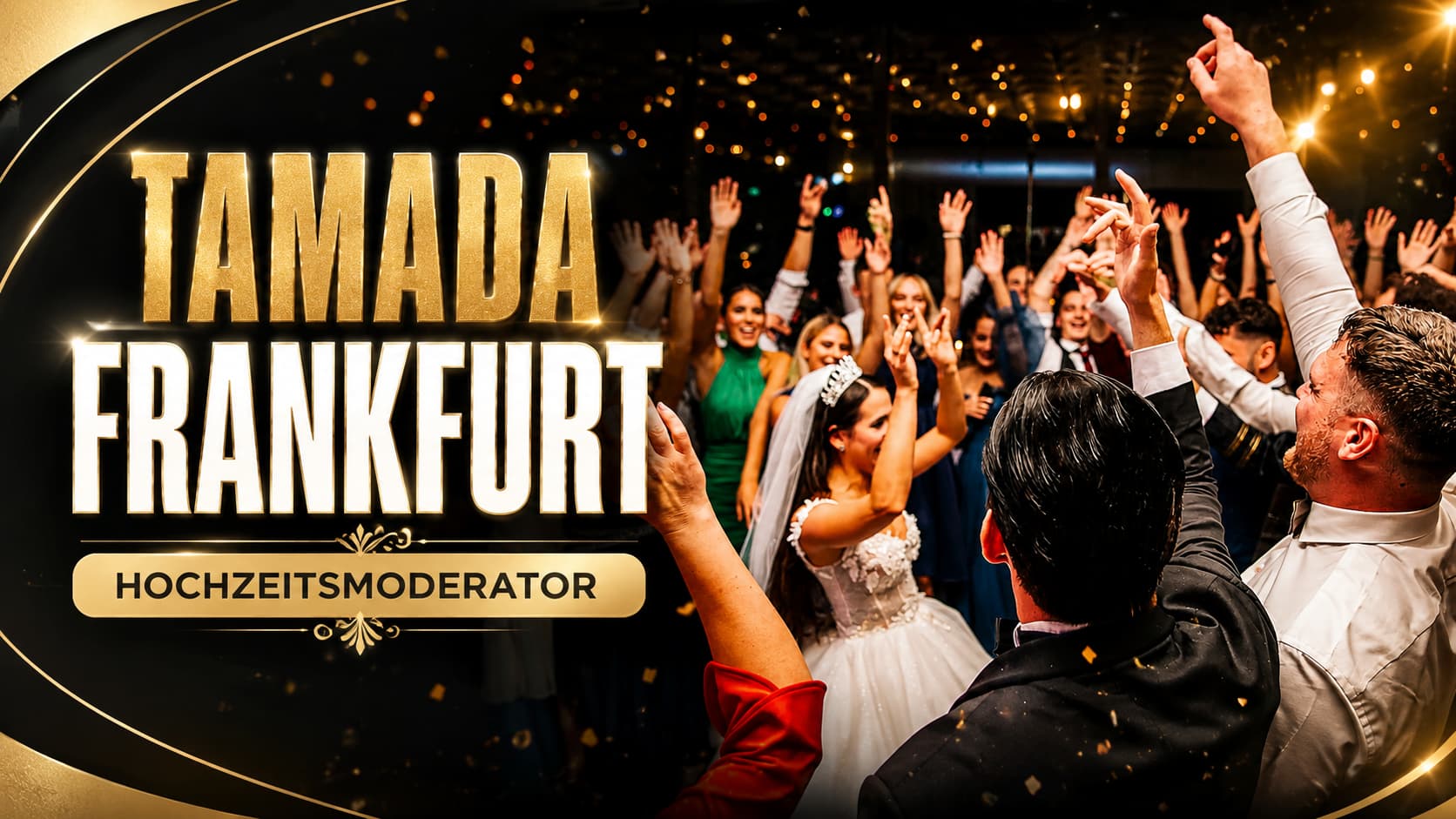 Tamada Frankfurt bei einer ausgelassenen Hochzeit mit Brautpaar und feiernden Gästen auf der Tanzfläche