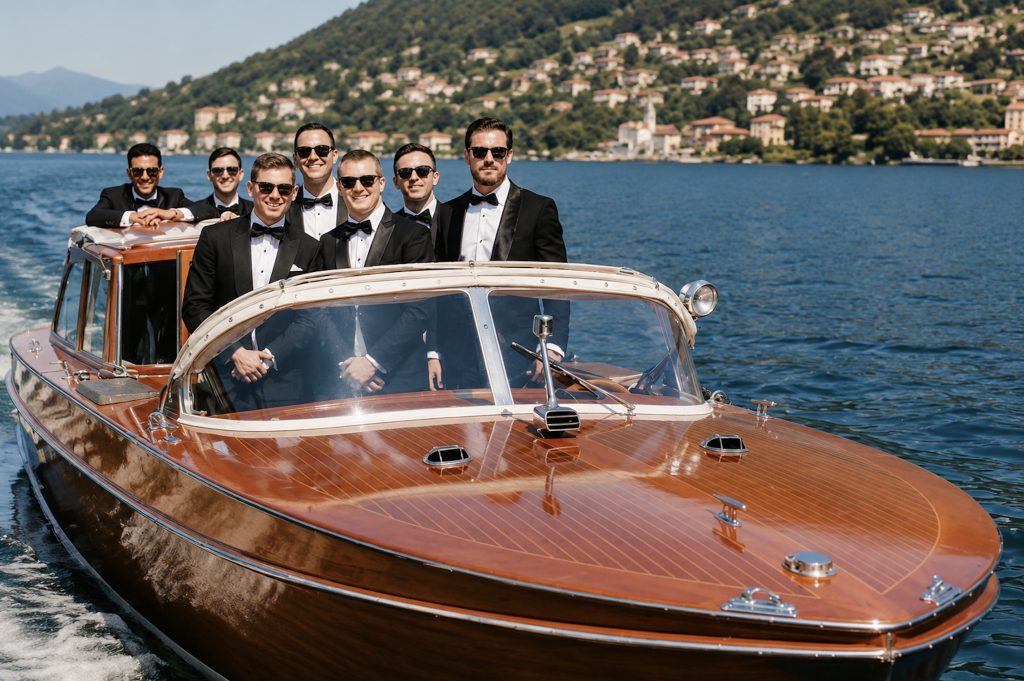 Bräutigam und seine Trauzeugen fahren mit einem klassischen Holzboot zu einer italienischen Hochzeit am Comer See.