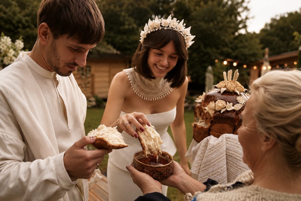 Brot-und-Salz-Tradition auf einer russisch-italienischen Hochzeit.