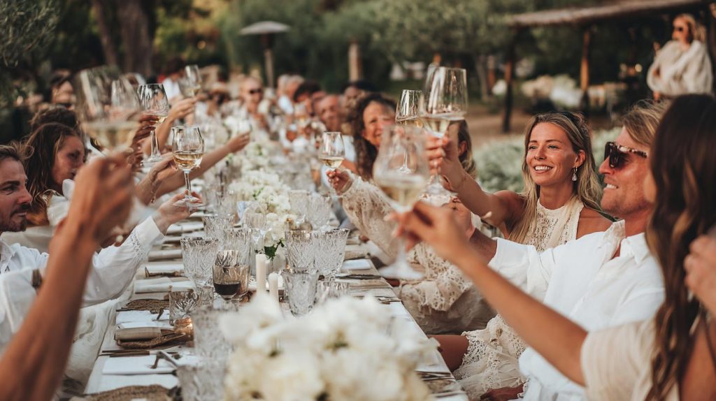 Deutsch-italienische Hochzeit – Gäste stoßen mit Sekt auf das Brautpaar an.