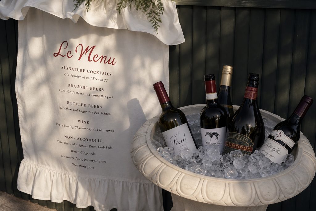 Elegante Getränkestation mit Wein und Hochzeitsmenü im Freien.