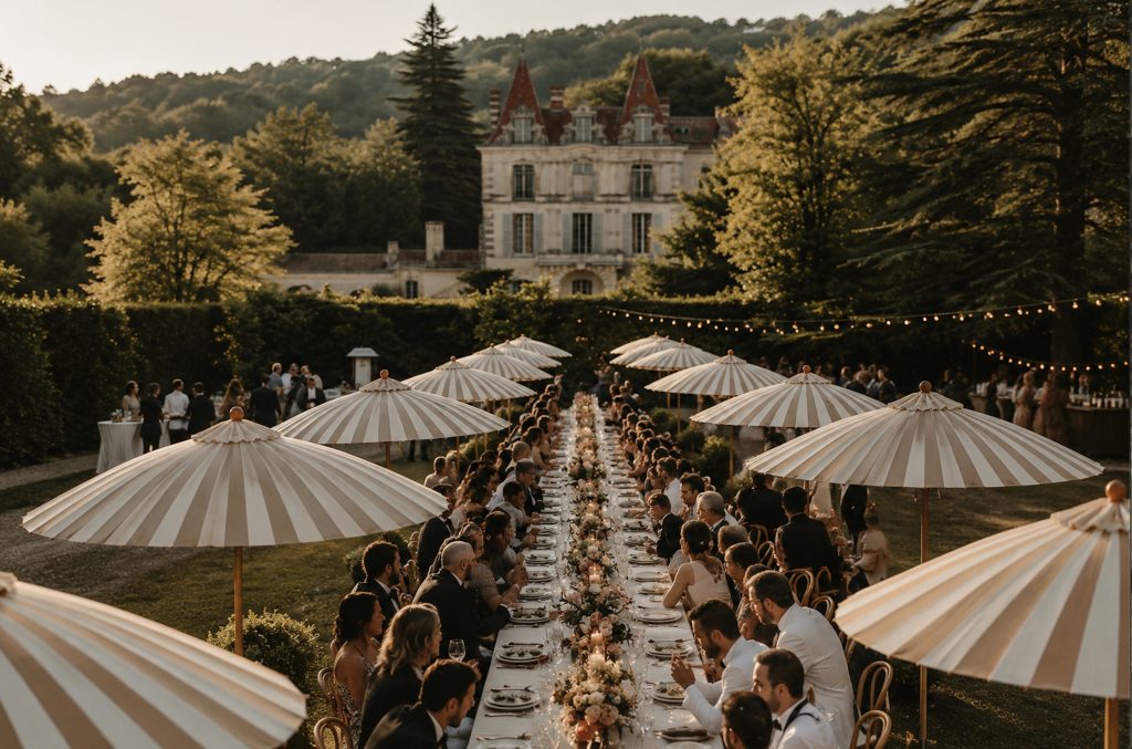 Elegante Hochzeitstafel im Garten vor einem historischen Schloss.