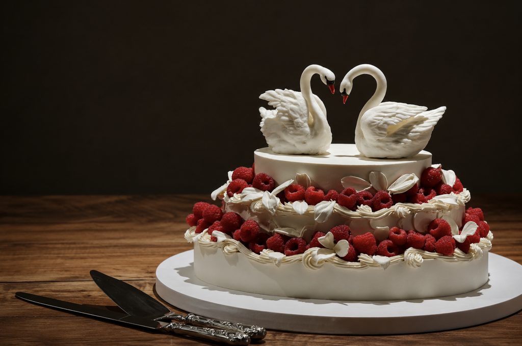 Elegante Hochzeitstorte mit Schwänen und frischen Himbeeren.
