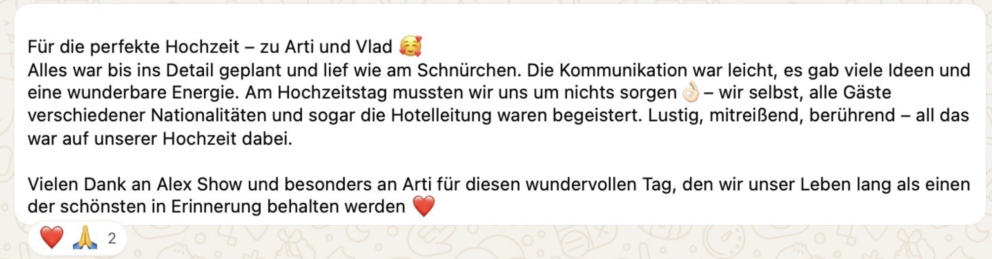 Kundenbewertung für Hochzeitsmoderator Arti und das Team von Alex Show nach einer internationalen Hochzeit Kundenbewertung für Hochzeitsmoderator Arti und das Team von Alex Show nach einer internationalen Hochzeit