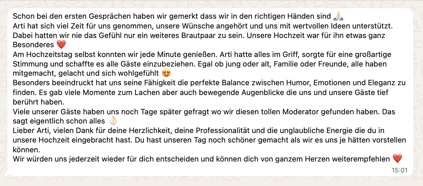 Kundenbewertung für Hochzeitsmoderator Arti mit positivem Feedback eines Brautpaares Kundenbewertung für Hochzeitsmoderator Arti mit positivem Feedback eines Brautpaares