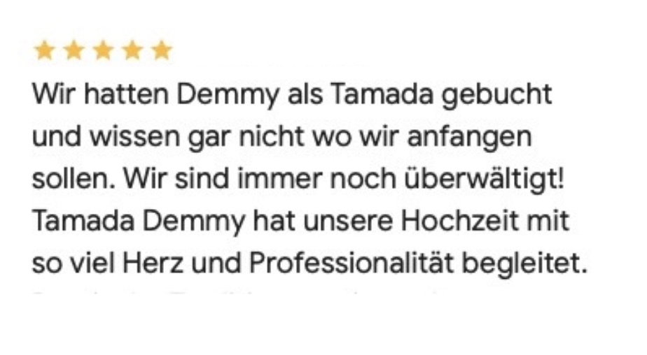 5-Sterne-Bewertung über Hochzeitsmoderator Demmy von einem glücklichen Brautpaar 5-Sterne-Bewertung über Hochzeitsmoderator Demmy von einem glücklichen Brautpaar