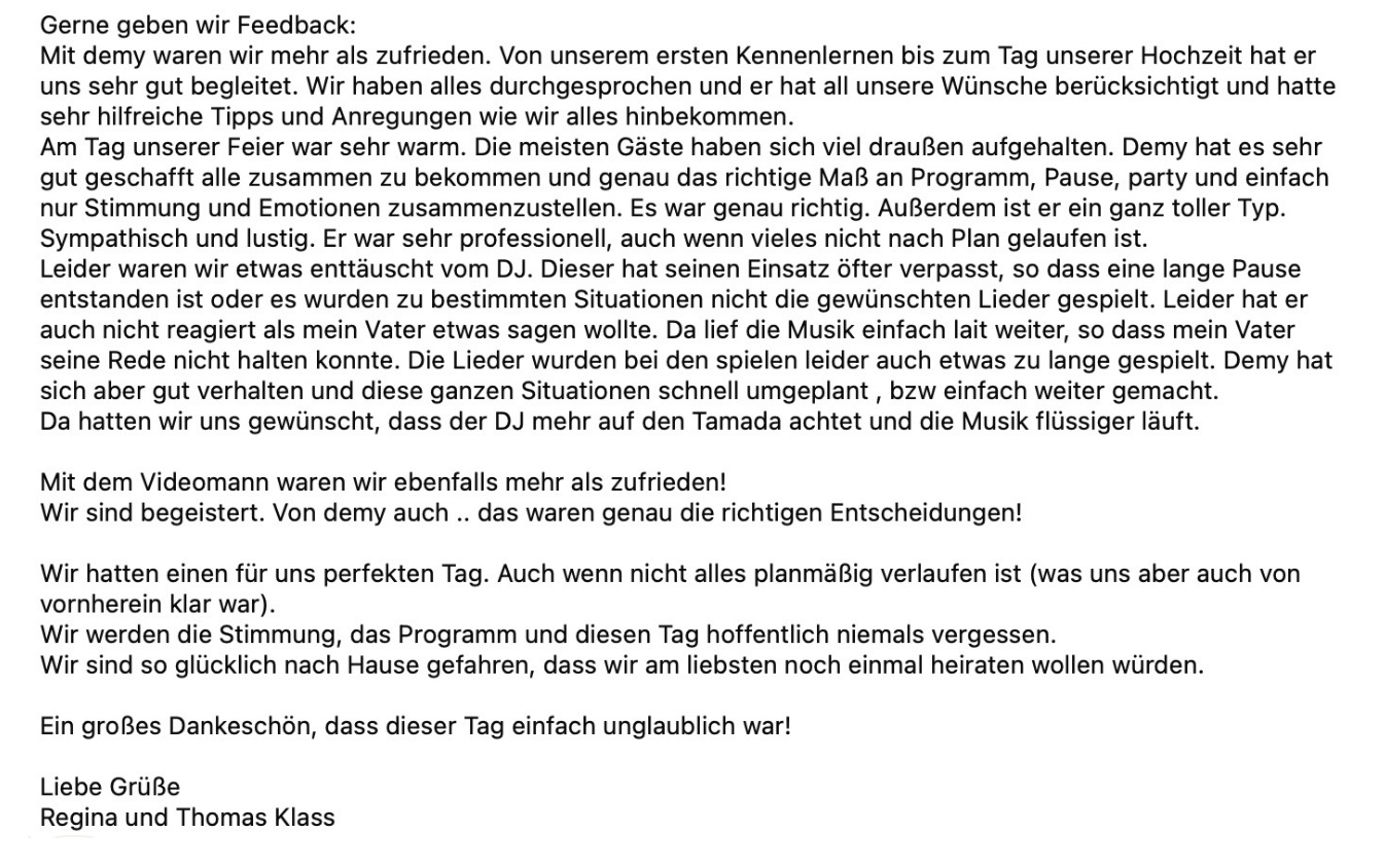 Bewertung über Hochzeitsmoderator Demmy nach einer gelungenen Hochzeit Bewertung über Hochzeitsmoderator Demmy nach einer gelungenen Hochzeit