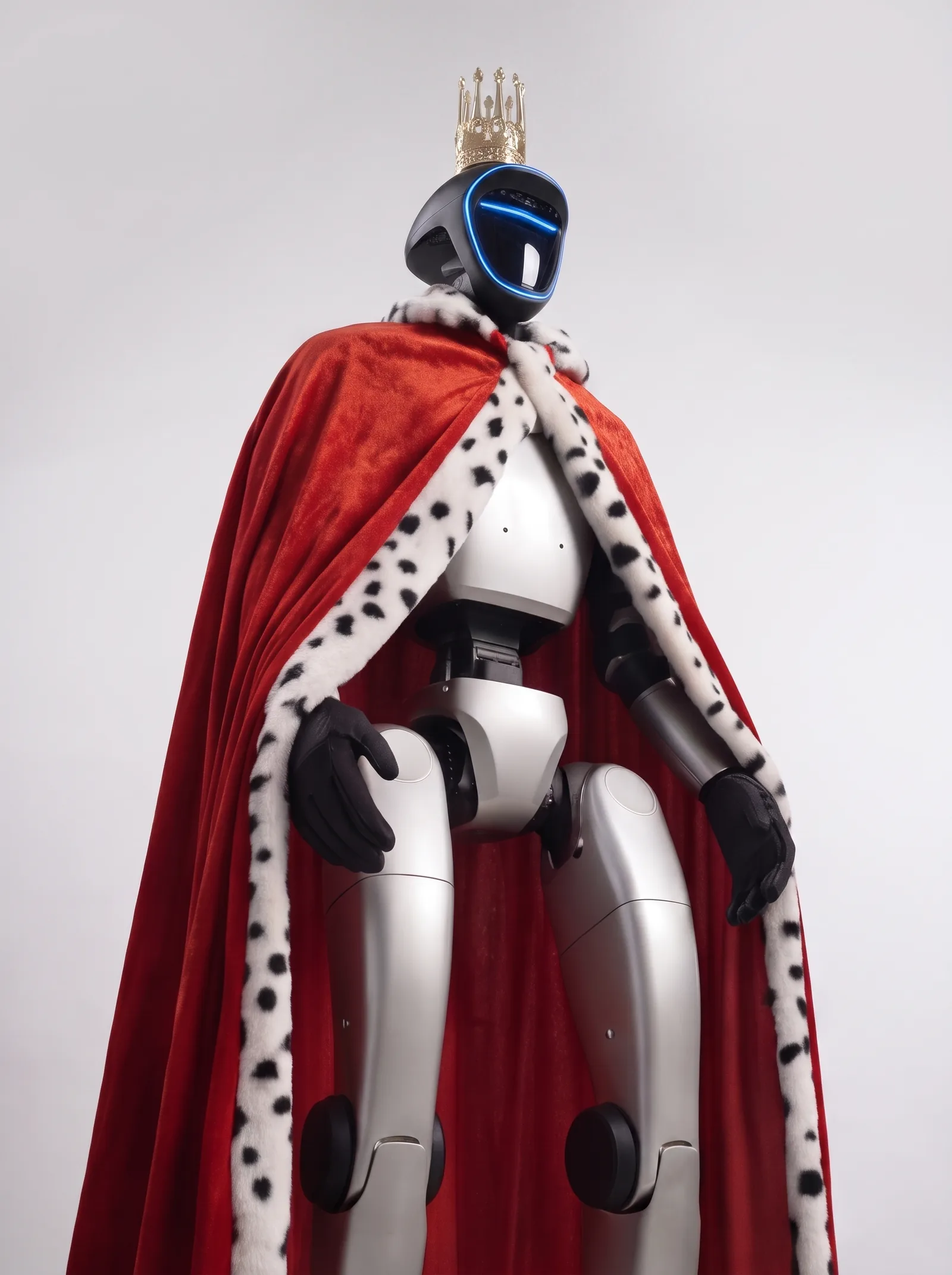 Ganzkörper-Aufnahme des Roboter-Königs Ludwig II. im roten Königsmantel als außergewöhnliches Hochzeits-Highlight