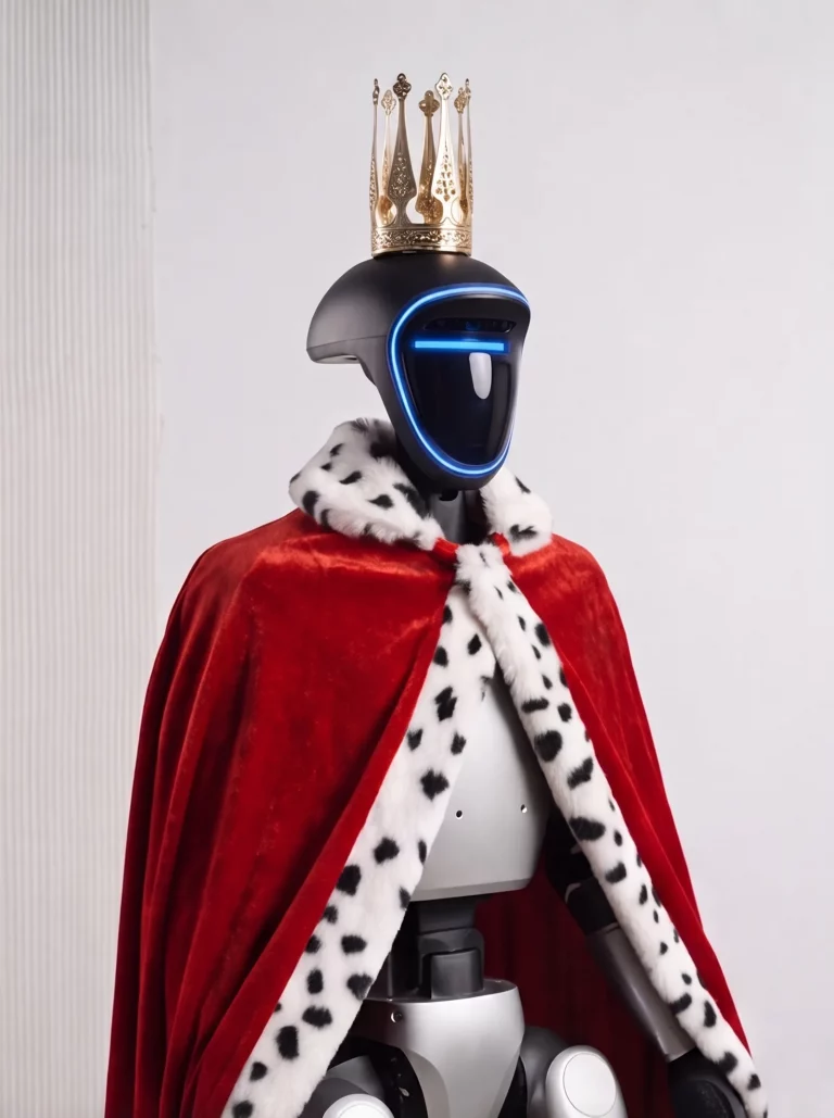 Roboter-König Ludwig II. von Robotollern mit Krone und rotem Krönungsmantel als Überraschung auf der Hochzeit