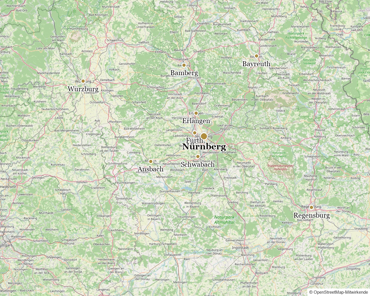 Karte vom Einsatzgebiet: Tamada für Nürnberg, Fürth, Erlangen, Bamberg, Würzburg, Bayreuth, Ansbach, Schwabach und Regensburg