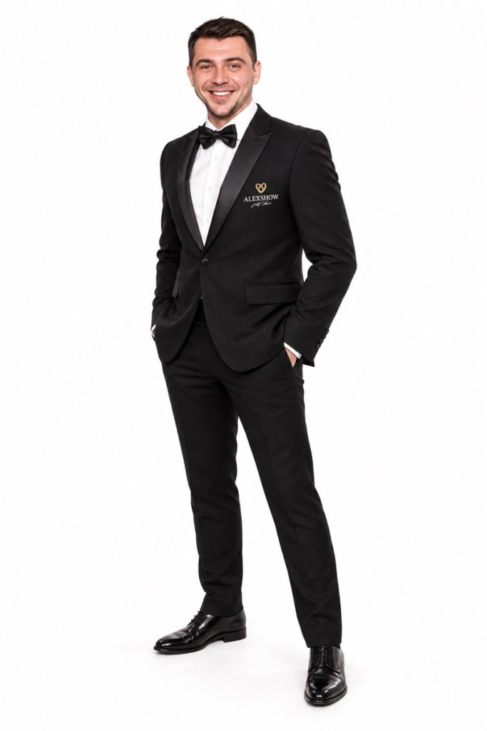 Hochzeitsmoderator Elian im schwarzen Smoking mit AlexShow-Logo, Ganzkörperporträt auf weißem Hintergrund