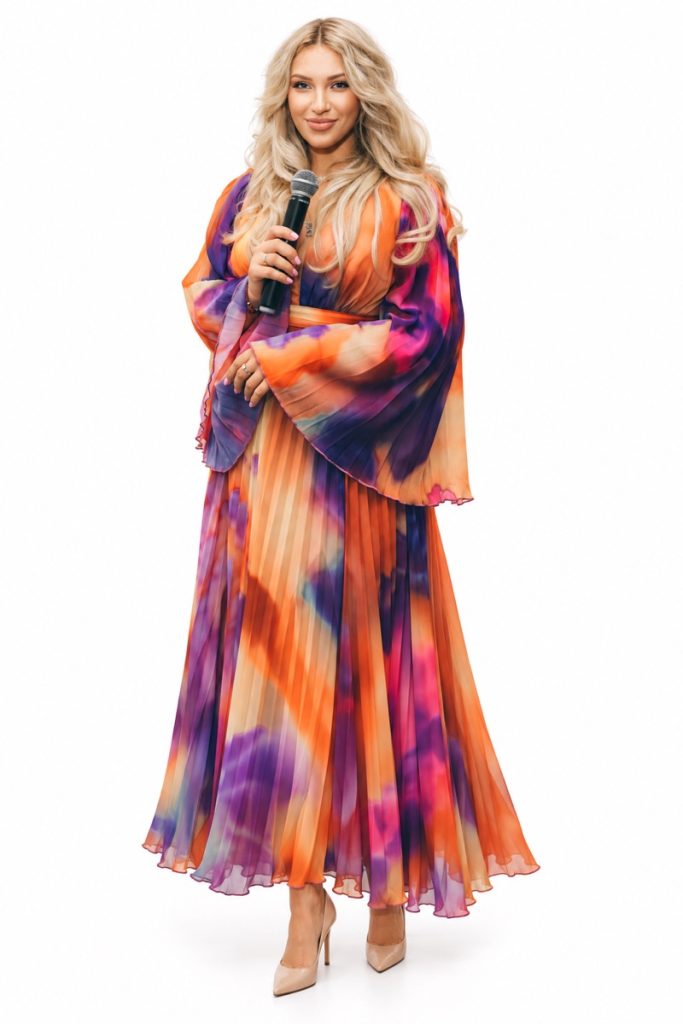 Hochzeitsmoderatorin Lisa mit Mikrofon im bunten Kleid, Ganzkörperporträt auf weißem Hintergrund