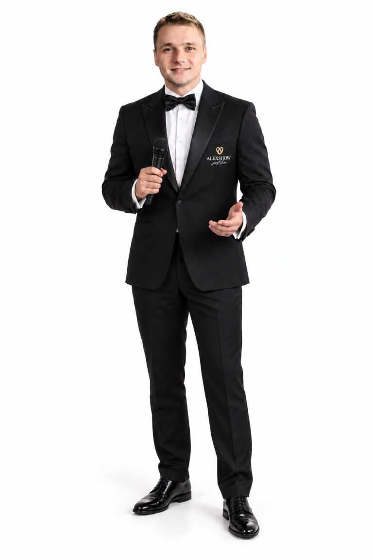 Lächelnder Hochzeitsmoderator Dima Key im schwarzen Smoking mit Fliege und Mikrofon vor weißem Hintergrund.