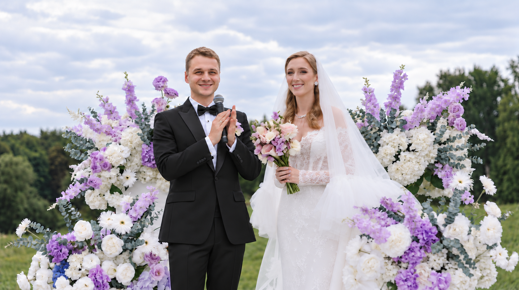 Dima Key und eine Braut lächeln zwischen weißen und fliederfarbenen Blumen im Freien. Dima Key und eine Braut lächeln zwischen weißen und fliederfarbenen Blumen im Freien.