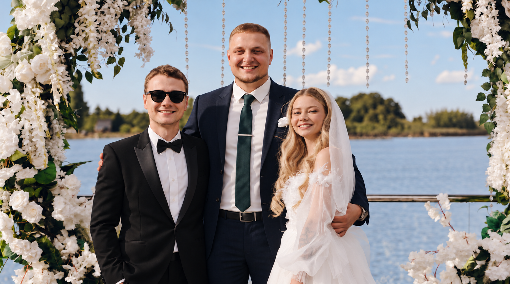 Dima Key mit Sonnenbrille und ein lächelndes Brautpaar unter einem weißen Blumenbogen am See. Dima Key mit Sonnenbrille und ein lächelndes Brautpaar unter einem weißen Blumenbogen am See.