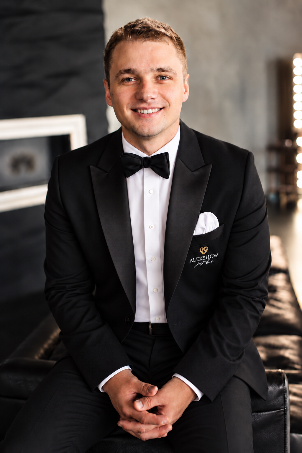 Dima Key lächelt im schwarzen Smoking mit Fliege und weißem Einstecktuch auf einem Ledersofa. Dima Key lächelt im schwarzen Smoking mit Fliege und weißem Einstecktuch auf einem Ledersofa.