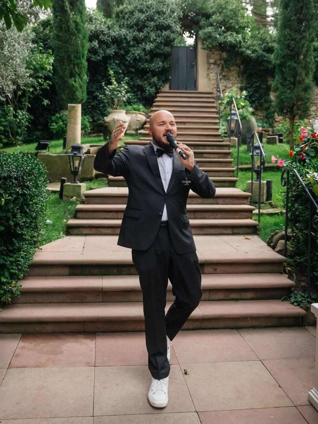 Hochzeitsmoderator Vincent bei der Moderation im Garten Hochzeitsmoderator Vincent im schwarzen Smoking mit Mikrofon vor einer Gartentreppe